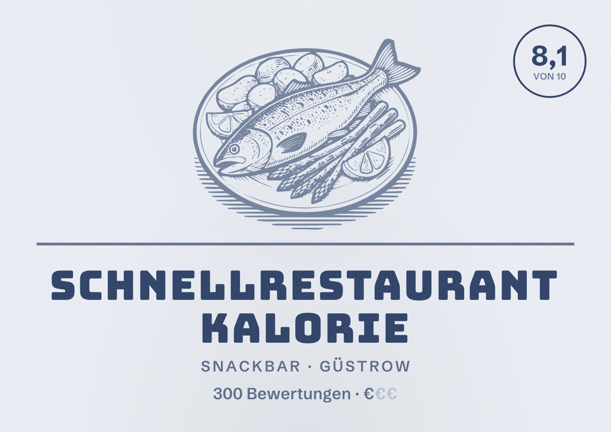Illustriertes Poster von Schnellrestaurant Kalorie, Snackbar in Güstrow: Bewertung 8,1 von 10 aus 300 Bewertungen, Preisniveau €