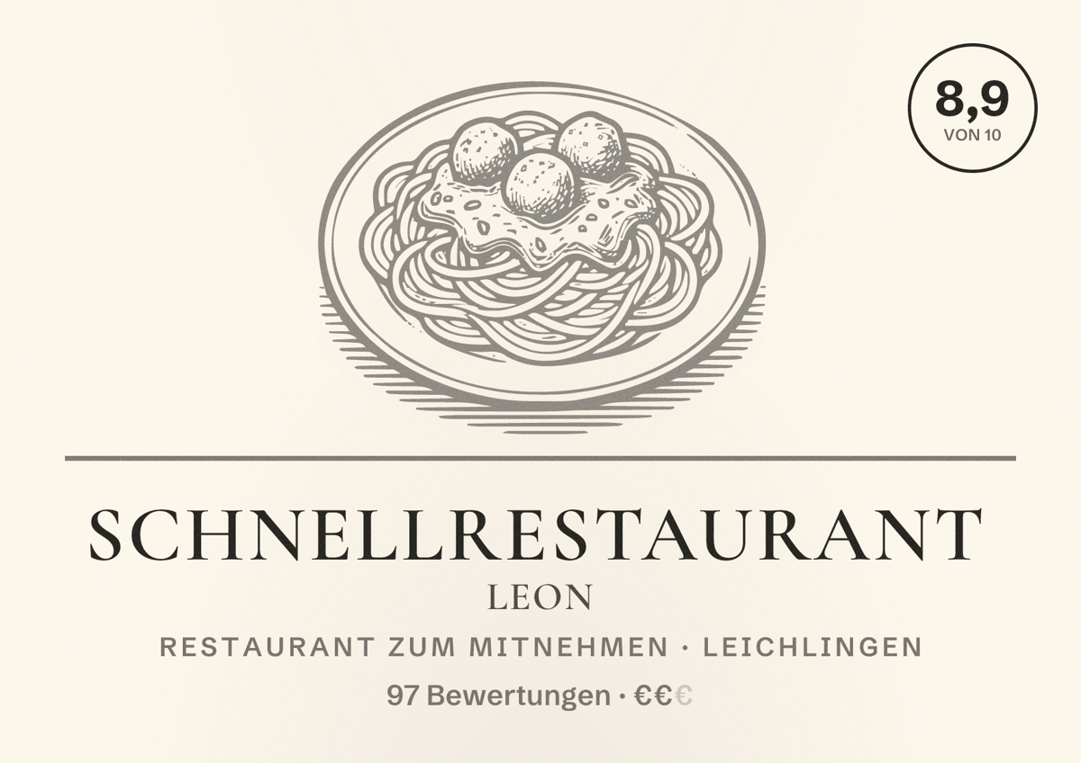 Illustriertes Poster von Schnellrestaurant Leon, Restaurant zum Mitnehmen in Leichlingen: Bewertung 8,9 von 10 aus 97 Bewertungen, Preisniveau €€