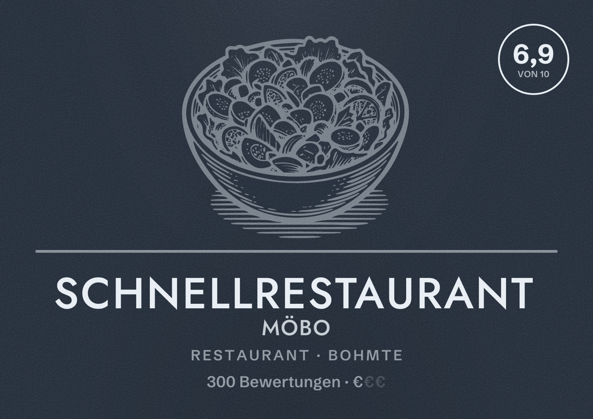 Illustriertes Poster von Schnellrestaurant MÖBO, Restaurant in Bohmte: Bewertung 6,9 von 10 aus 300 Bewertungen, Preisniveau €