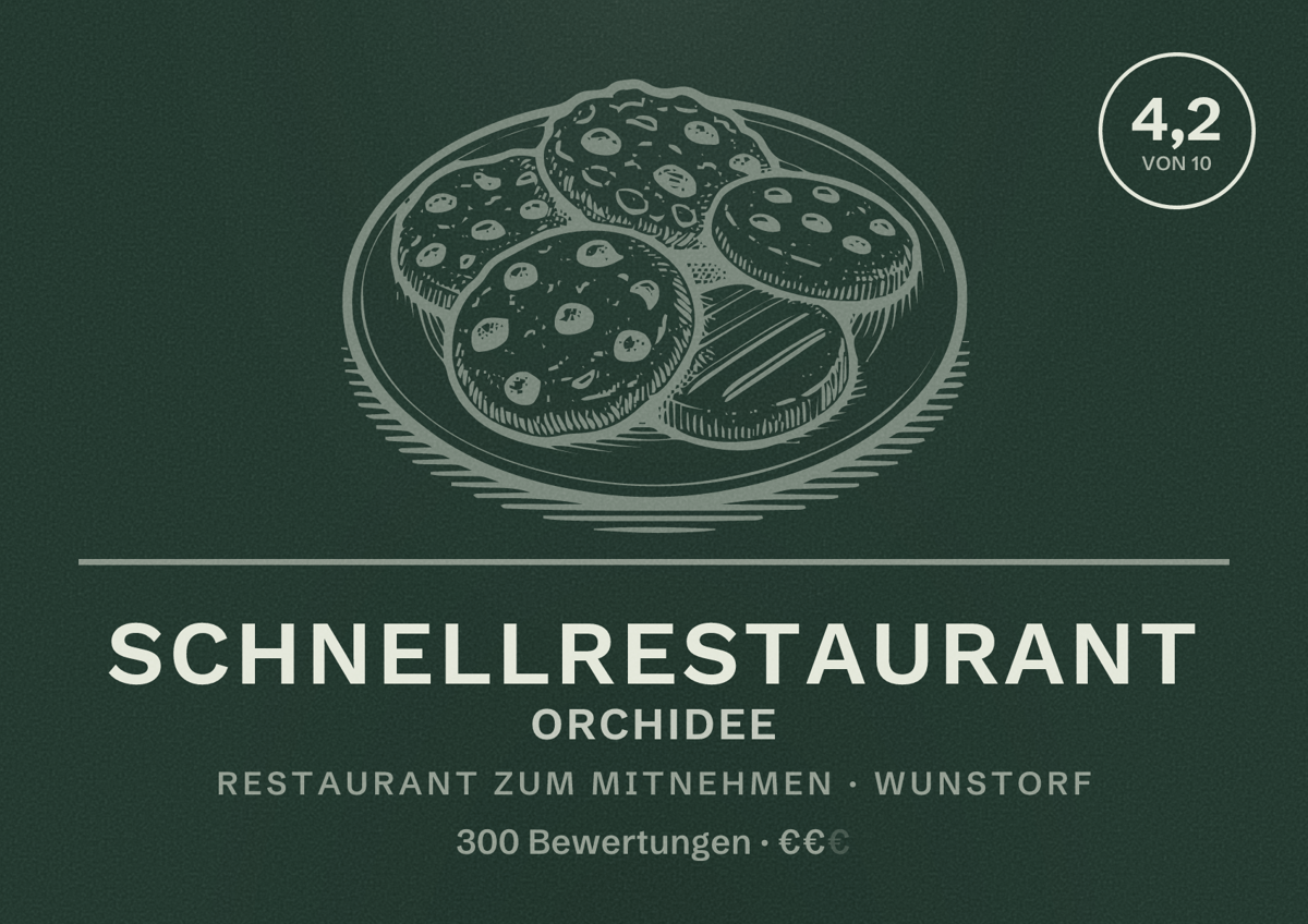 Illustriertes Poster von Schnellrestaurant Orchidee, Restaurant zum Mitnehmen in Wunstorf: Bewertung 4,2 von 10 aus 300 Bewertungen, Preisniveau €€