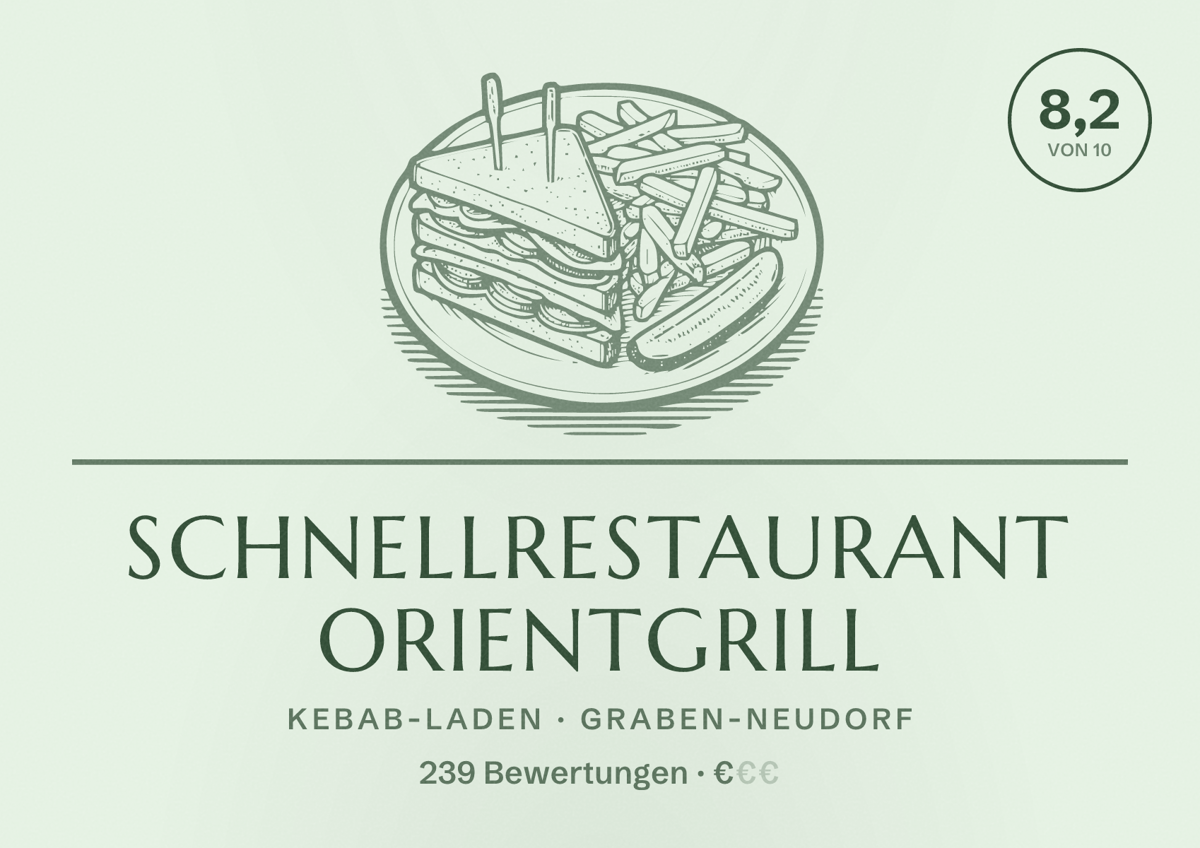 Illustriertes Poster von Schnellrestaurant Orientgrill, Kebab-Laden in Graben-Neudorf: Bewertung 8,2 von 10 aus 239 Bewertungen, Preisniveau €