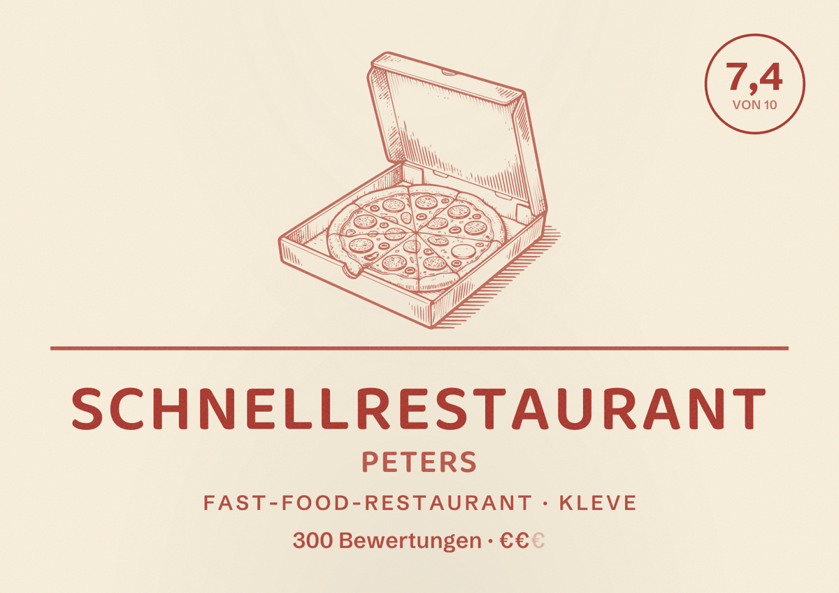 Illustriertes Poster von Schnellrestaurant Peters, Fast-Food-Restaurant in Kleve: Bewertung 7,4 von 10 aus 300 Bewertungen, Preisniveau €€