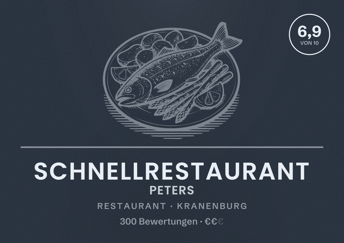 Illustriertes Poster von Schnellrestaurant Peters, Restaurant in Kranenburg: Bewertung 6,9 von 10 aus 300 Bewertungen, Preisniveau €€