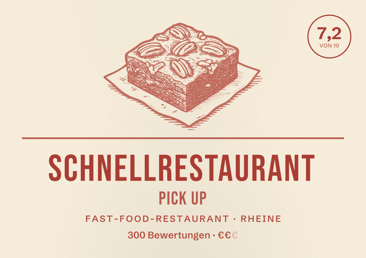 Illustriertes Poster von Schnellrestaurant Pick up, Fast-Food-Restaurant in Rheine: Bewertung 7,2 von 10 aus 300 Bewertungen, Preisniveau €€