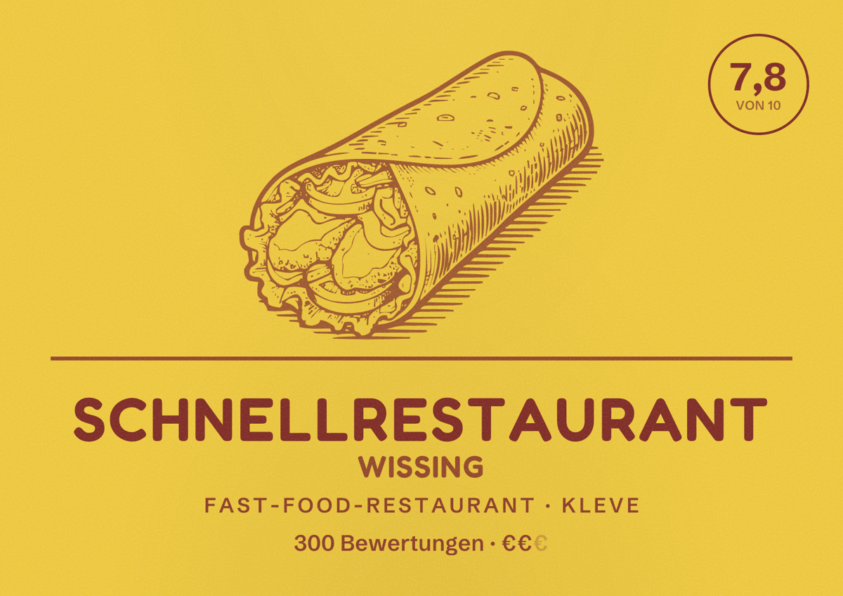 Illustriertes Poster von Schnellrestaurant Wissing, Fast-Food-Restaurant in Kleve: Bewertung 7,8 von 10 aus 300 Bewertungen, Preisniveau €€