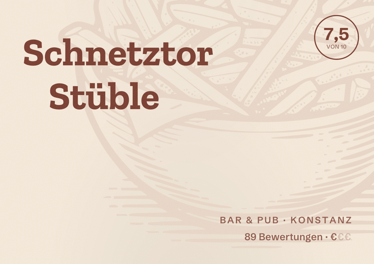 Illustriertes Poster von Schnetztor Stüble, Bar & Pub in Konstanz: Bewertung 7,5 von 10 aus 89 Bewertungen, Preisniveau €
