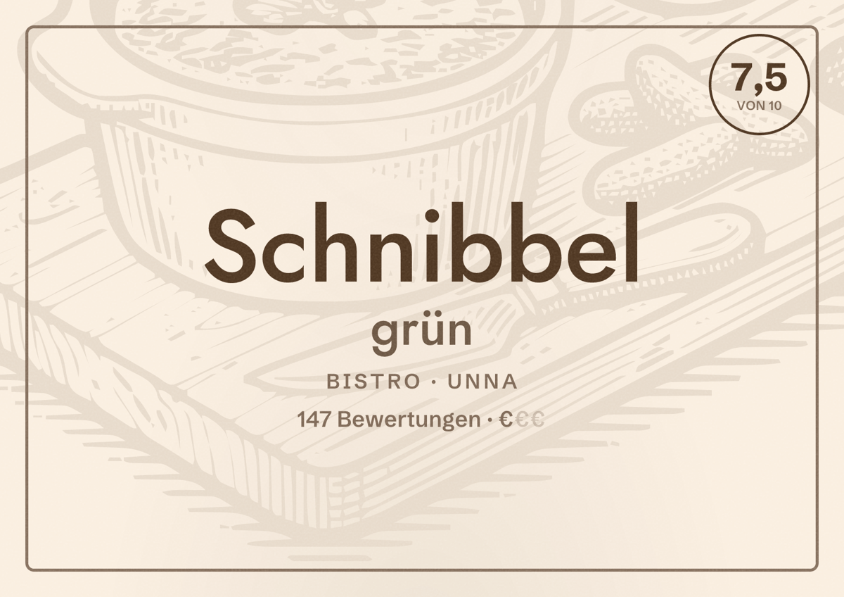 Illustriertes Poster von Schnibbel grün, Bistro in Unna: Gästebewertung 7,5 von 10 aus 147 Bewertungen