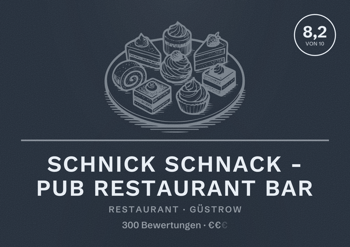 Illustriertes Poster von Schnick Schnack - Pub Restaurant Bar, Restaurant in Güstrow: Bewertung 8,2 von 10 aus 300 Bewertungen, Preisniveau €€