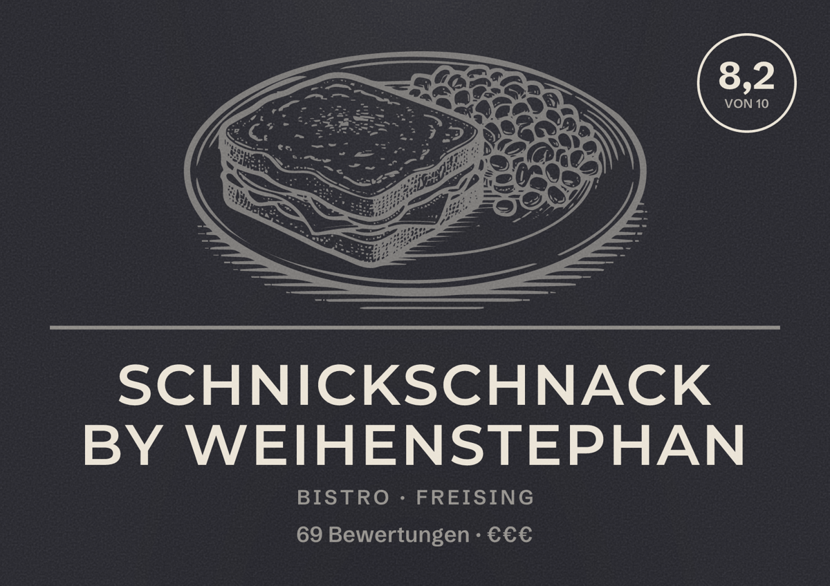Illustriertes Poster von SchnickSchnack by Weihenstephan, Bistro in Freising: Bewertung 8,2 von 10 aus 69 Bewertungen, Preisniveau €€€