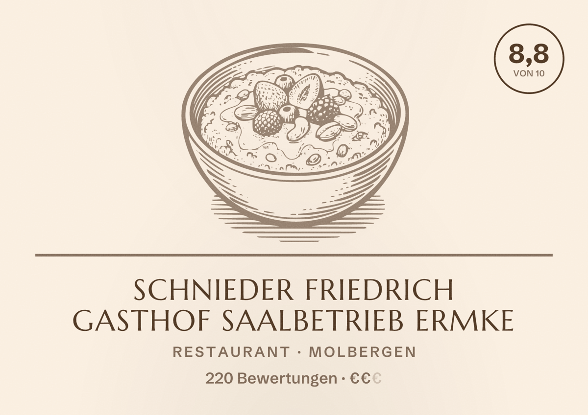 Illustriertes Poster von Schnieder Friedrich Gasthof Saalbetrieb Ermke, Restaurant in Molbergen: Bewertung 8,8 von 10 aus 220 Bewertungen, Preisniveau €€