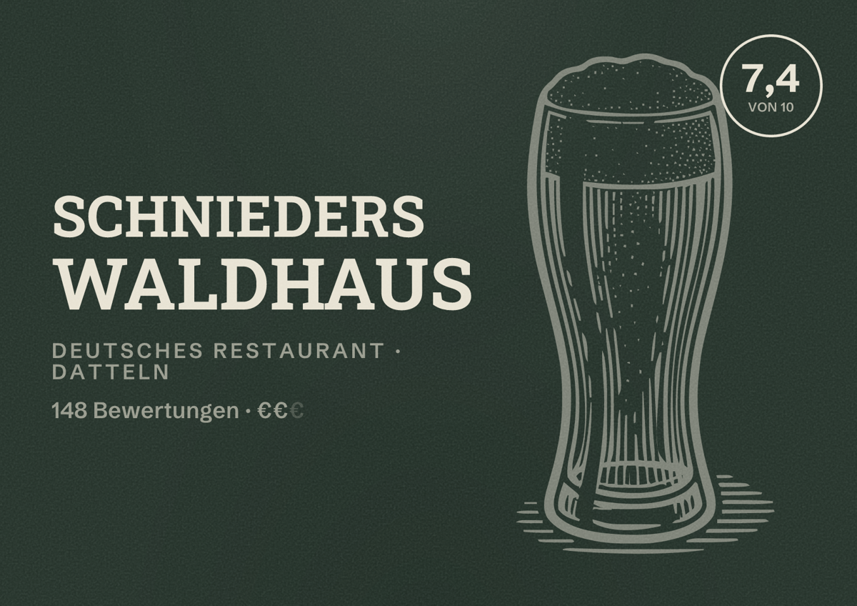 Illustriertes Poster von Schnieders Waldhaus, Deutsches Restaurant in Datteln: Bewertung 7,4 von 10 aus 148 Bewertungen, Preisniveau €€