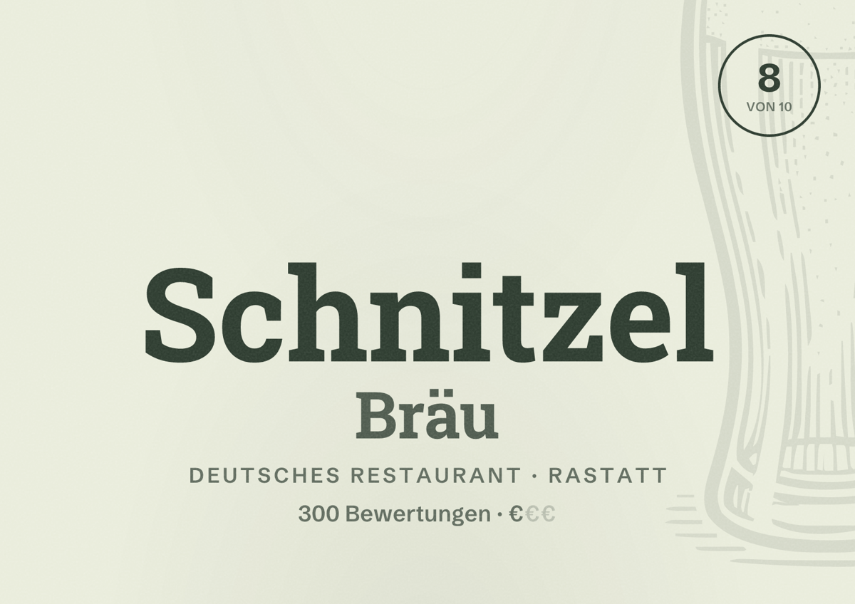Illustriertes Poster von Schnitzel Bräu, Deutsches Restaurant in Rastatt: Bewertung 8 von 10 aus 300 Bewertungen, Preisniveau €
