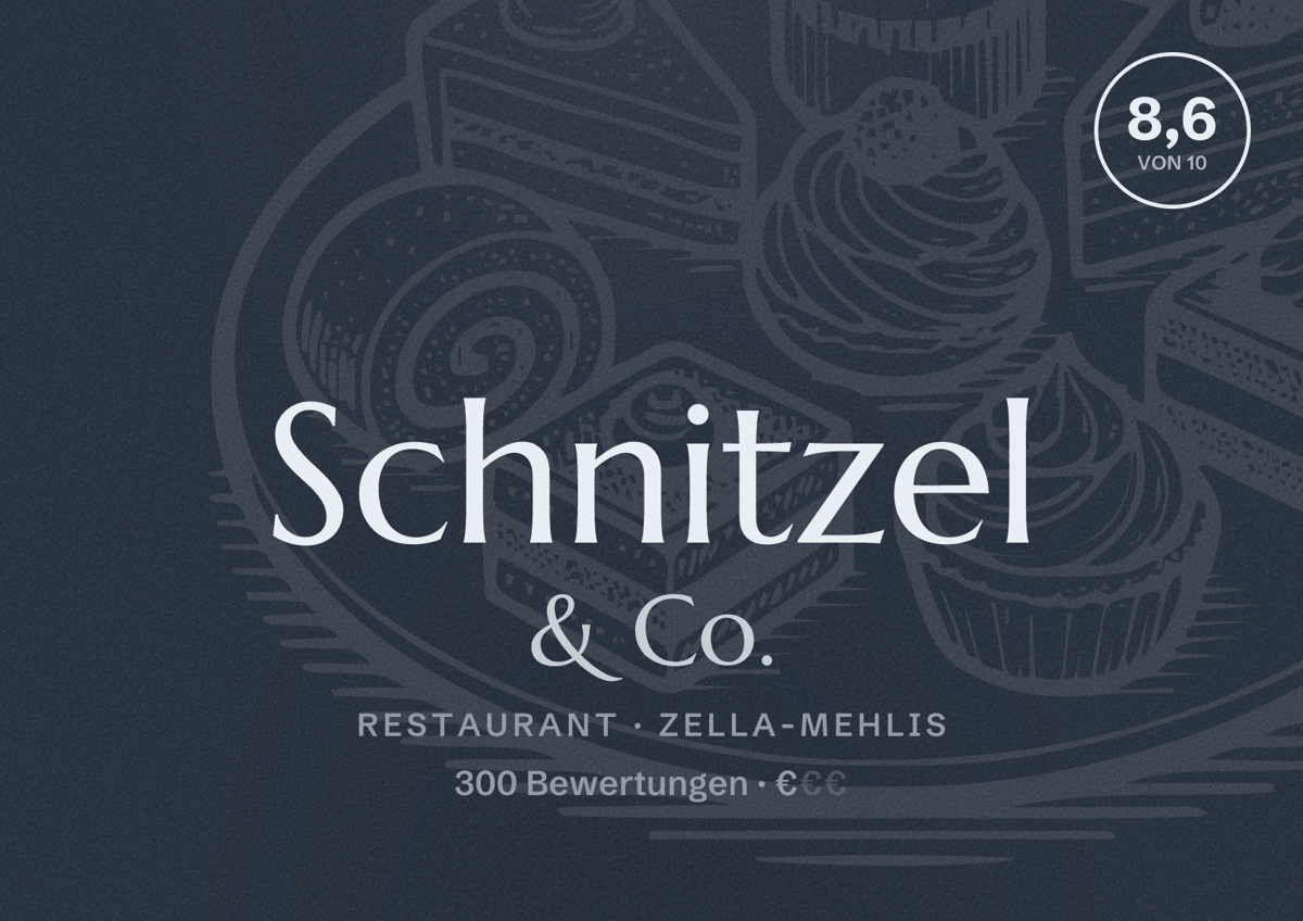 Illustriertes Poster von Schnitzel & Co., Restaurant in Zella-Mehlis: Bewertung 8,6 von 10 aus 300 Bewertungen, Preisniveau €