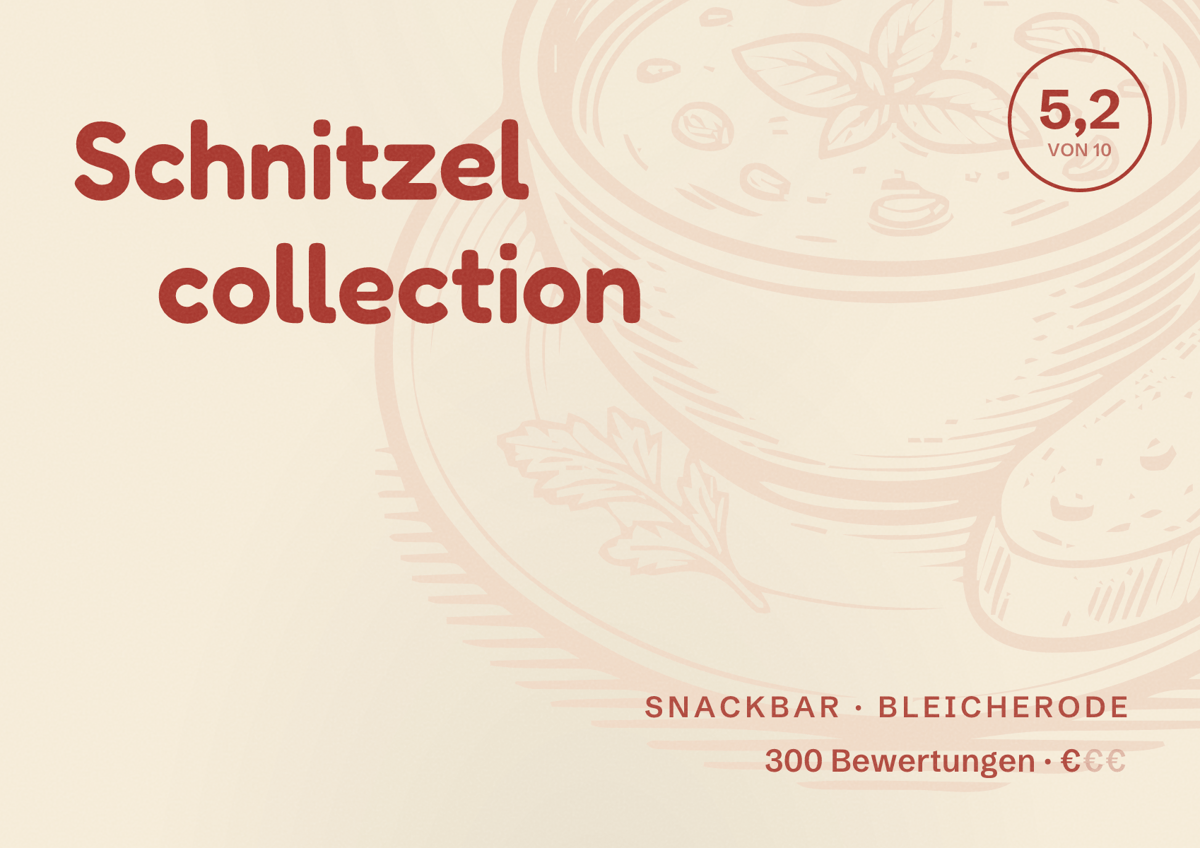 Illustriertes Poster von Schnitzel collection, Snackbar in Bleicherode: Bewertung 5,2 von 10 aus 300 Bewertungen, Preisniveau €