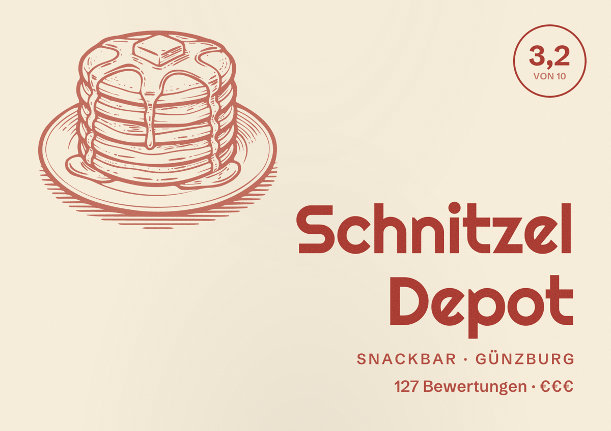 Illustriertes Poster von Schnitzel Depot, Snackbar in Günzburg: Bewertung 3,2 von 10 aus 127 Bewertungen, Preisniveau €€€