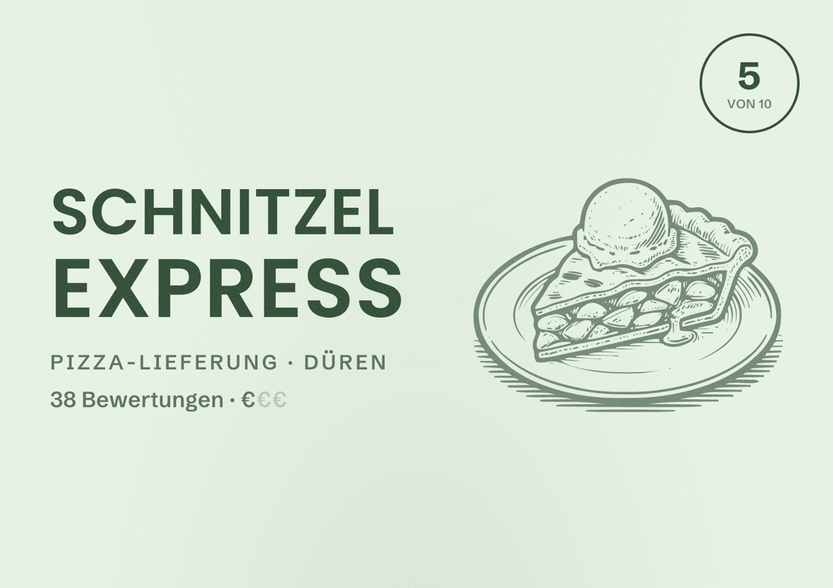 Illustriertes Poster von Schnitzel Express, Pizza-Lieferung in Düren: Bewertung 5 von 10 aus 38 Bewertungen, Preisniveau €