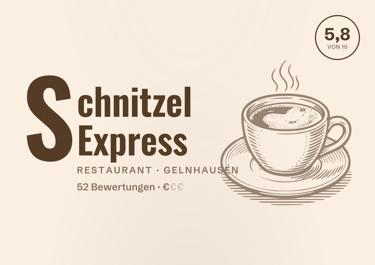 Illustriertes Poster von Schnitzel Express, Restaurant in Gelnhausen: Bewertung 5,8 von 10 aus 52 Bewertungen, Preisniveau €