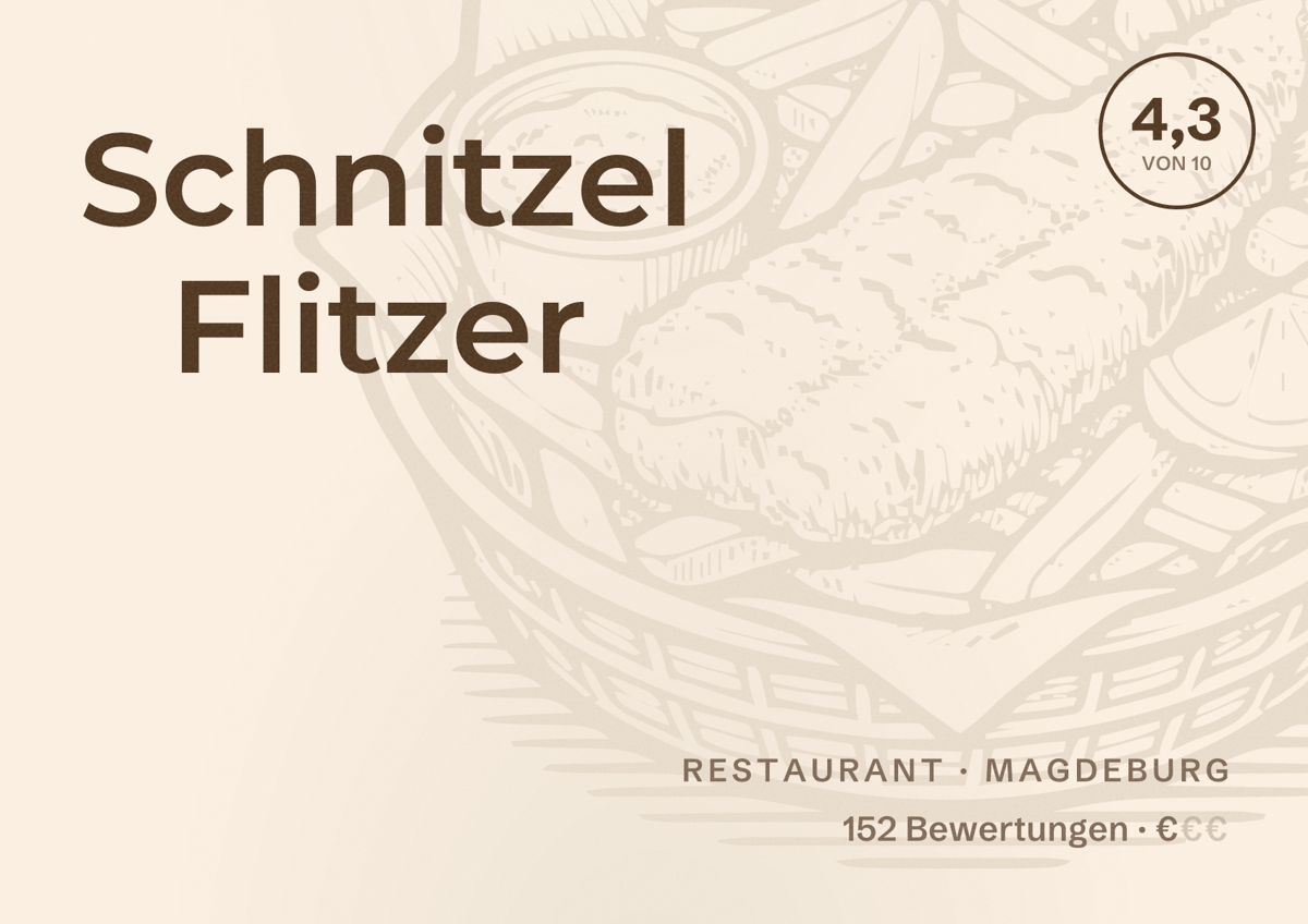 Illustriertes Poster von Schnitzel Flitzer, Restaurant in Magdeburg: Bewertung 4,3 von 10 aus 152 Bewertungen, Preisniveau €