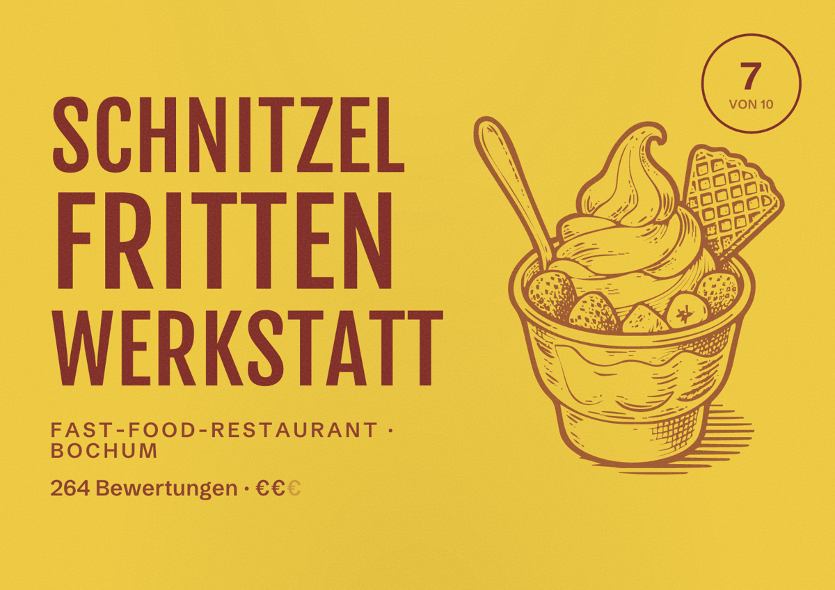 Illustriertes Poster von Schnitzel Fritten Werkstatt, Fast-Food-Restaurant in Bochum: Bewertung 7 von 10 aus 264 Bewertungen, Preisniveau €€