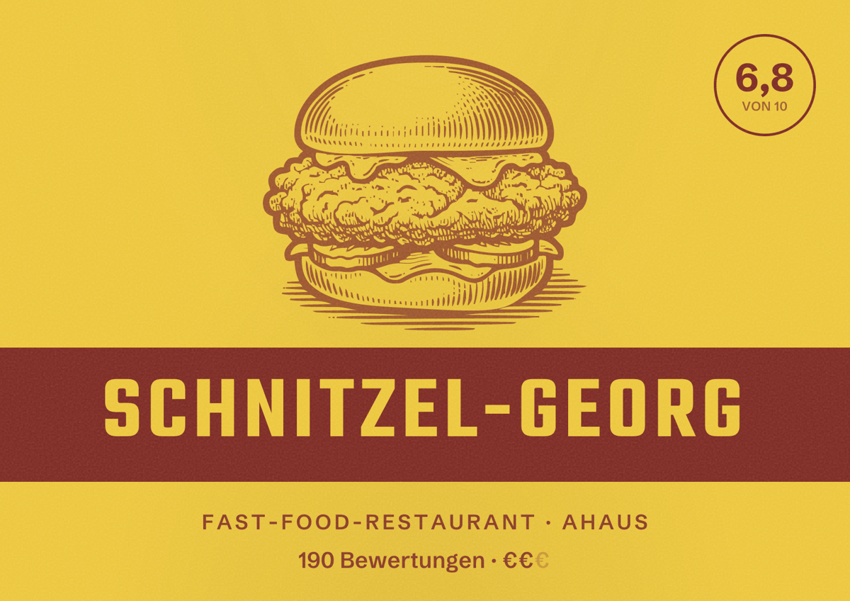 Illustriertes Poster von Schnitzel-Georg, Fast-Food-Restaurant in Ahaus: Bewertung 6,8 von 10 aus 190 Bewertungen, Preisniveau €€