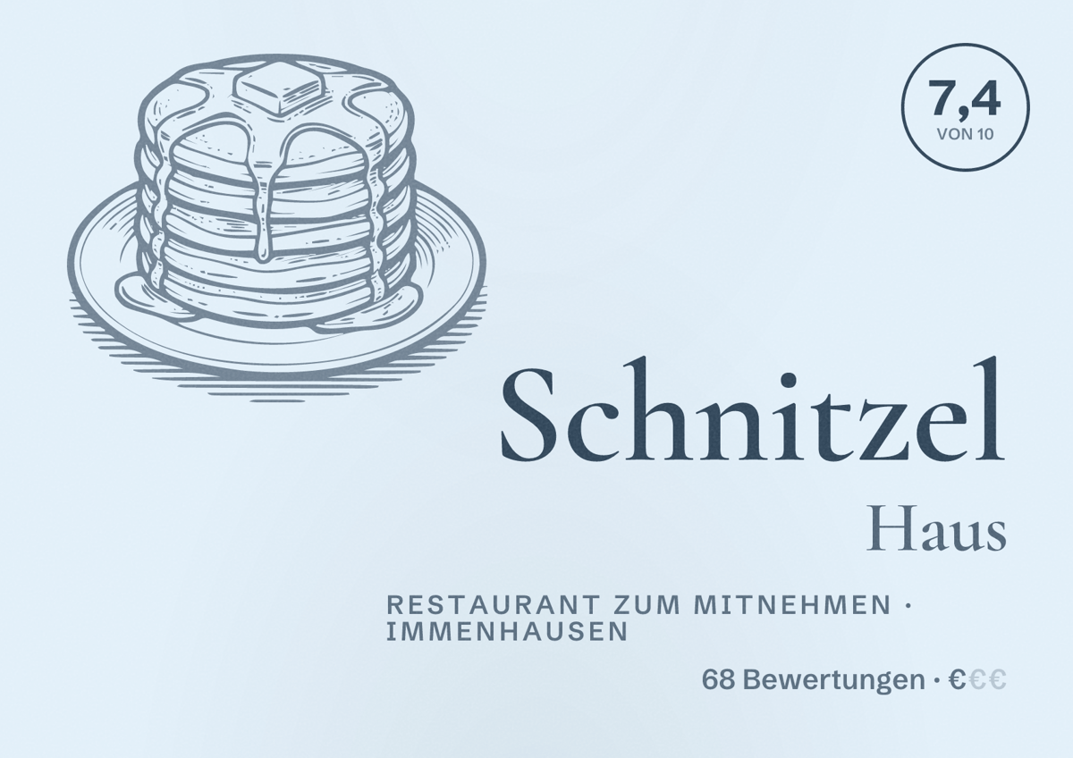 Illustriertes Poster von Schnitzel Haus, Restaurant zum Mitnehmen in Immenhausen: Bewertung 7,4 von 10 aus 68 Bewertungen, Preisniveau €
