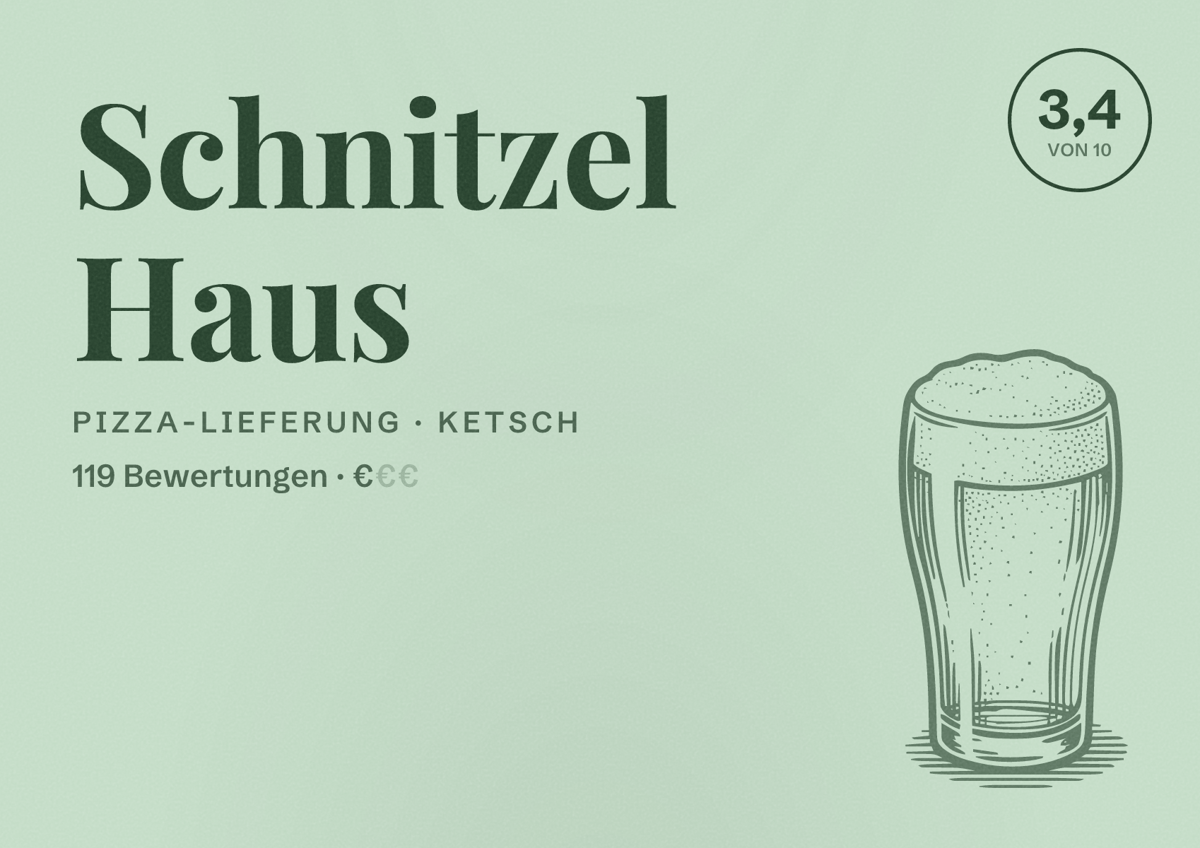 Illustriertes Poster von Schnitzel Haus, Pizza-Lieferung in Ketsch: Bewertung 3,4 von 10 aus 119 Bewertungen, Preisniveau €