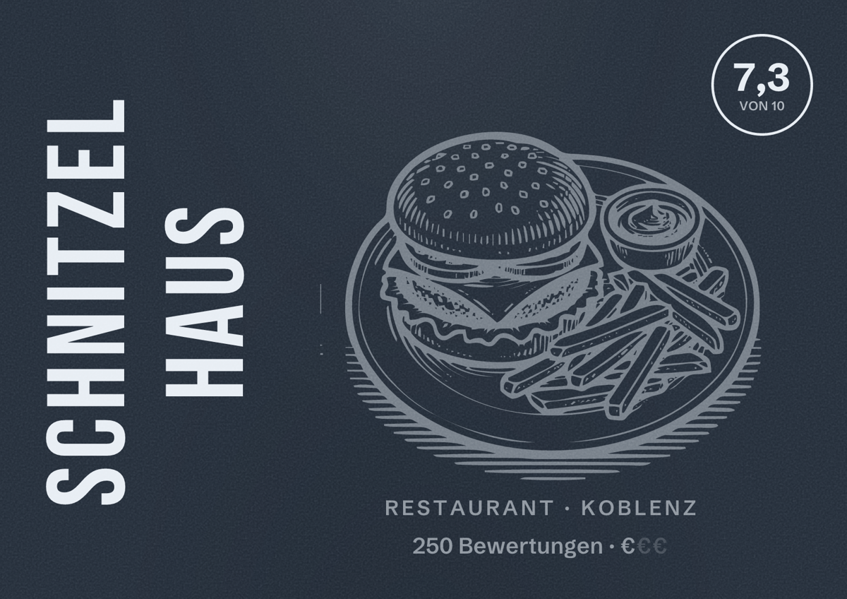 Illustriertes Poster von Schnitzel Haus, Restaurant in Koblenz: Bewertung 7,3 von 10 aus 250 Bewertungen, Preisniveau €