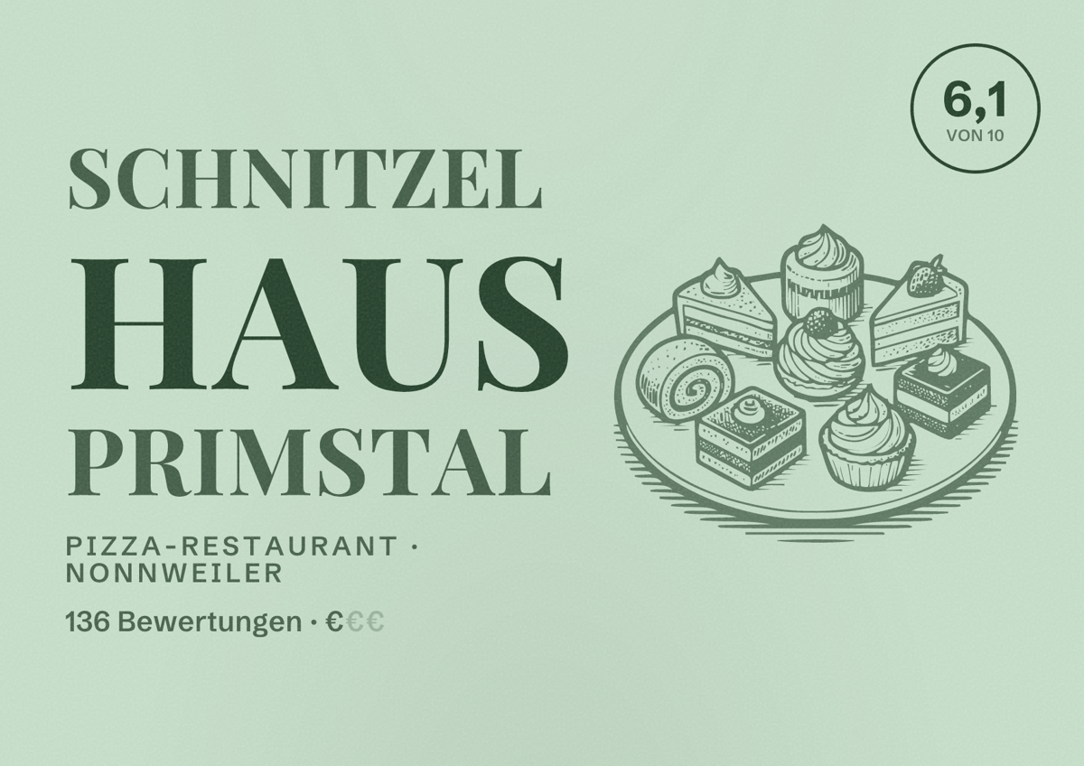 Illustriertes Poster von Schnitzel Haus Primstal, Pizza-Restaurant in Nonnweiler: Bewertung 6,1 von 10 aus 136 Bewertungen, Preisniveau €