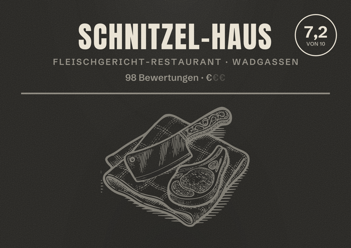 Illustriertes Poster von Schnitzel-Haus, Fleischgericht-Restaurant in Wadgassen: Bewertung 7,2 von 10 aus 98 Bewertungen, Preisniveau €