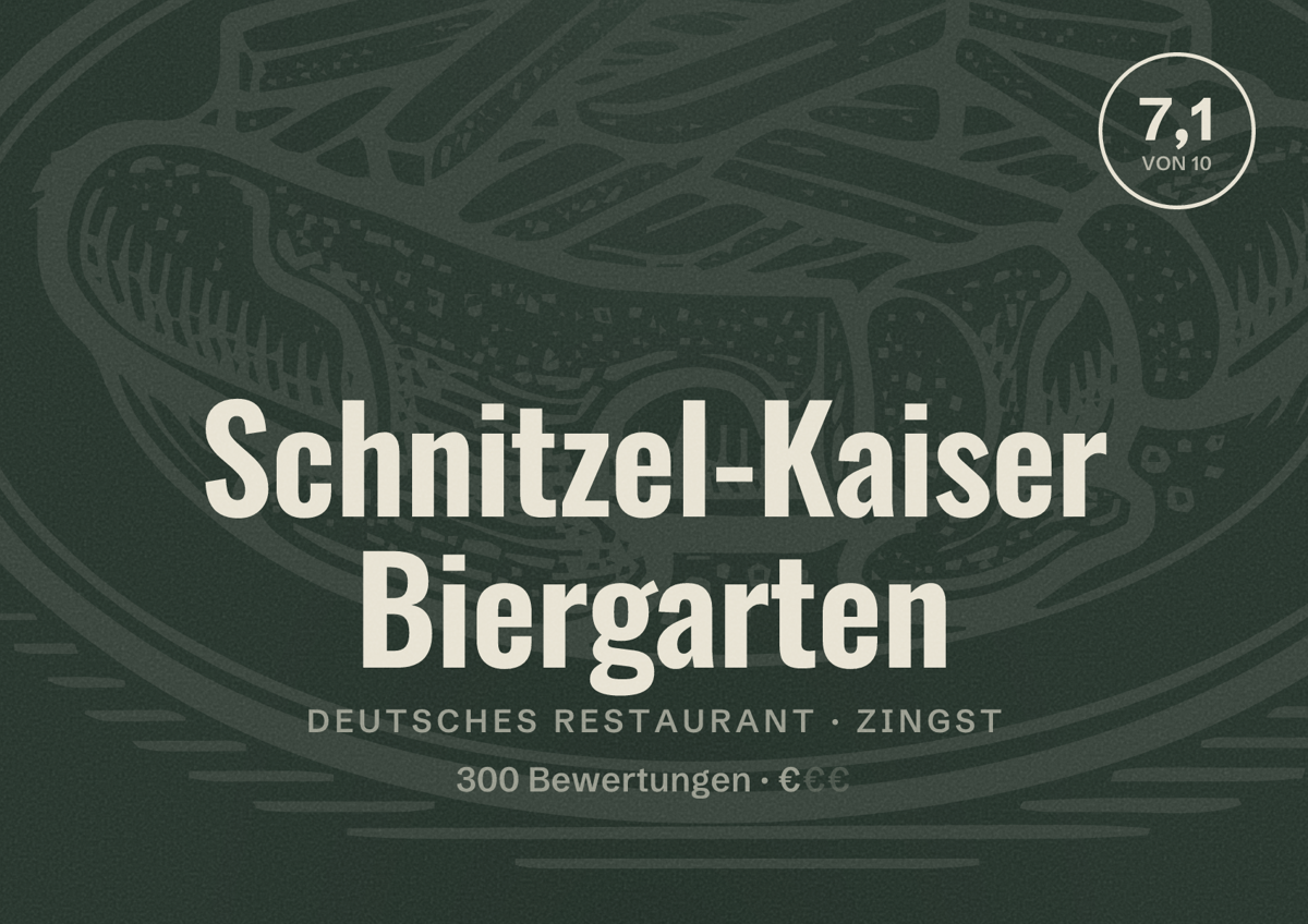 Illustriertes Poster von Schnitzel-Kaiser Biergarten, Deutsches Restaurant in Zingst: Bewertung 7,1 von 10 aus 300 Bewertungen, Preisniveau €