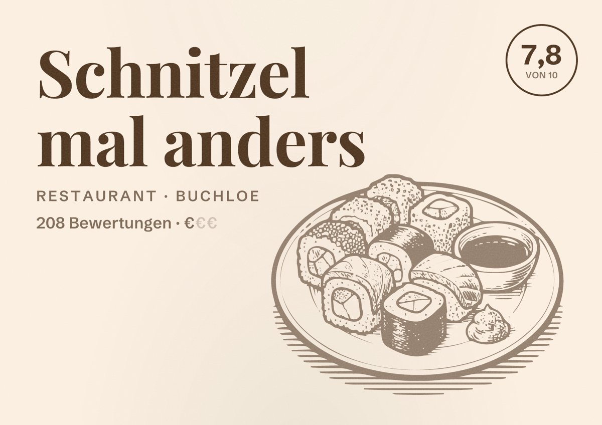 Illustriertes Poster von Schnitzel mal anders, Restaurant in Buchloe: Bewertung 7,8 von 10 aus 208 Bewertungen, Preisniveau €