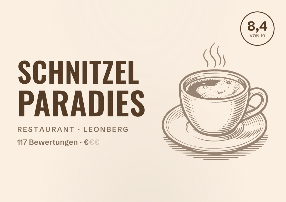 Illustriertes Poster von Schnitzel Paradies, Restaurant in Leonberg: Bewertung 8,4 von 10 aus 117 Bewertungen, Preisniveau €