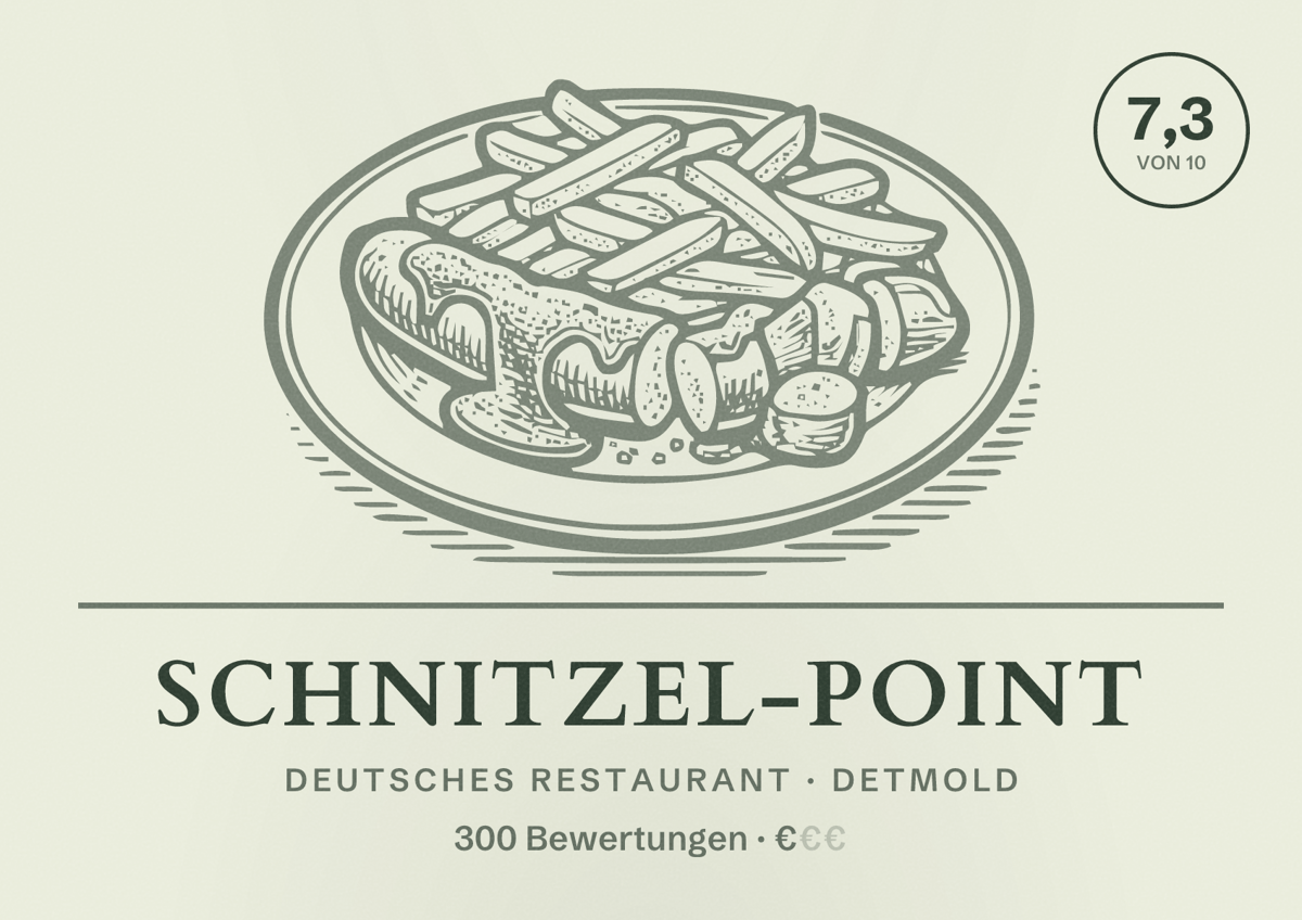 Illustriertes Poster von Schnitzel-Point, Deutsches Restaurant in Detmold: Bewertung 7,3 von 10 aus 300 Bewertungen, Preisniveau €