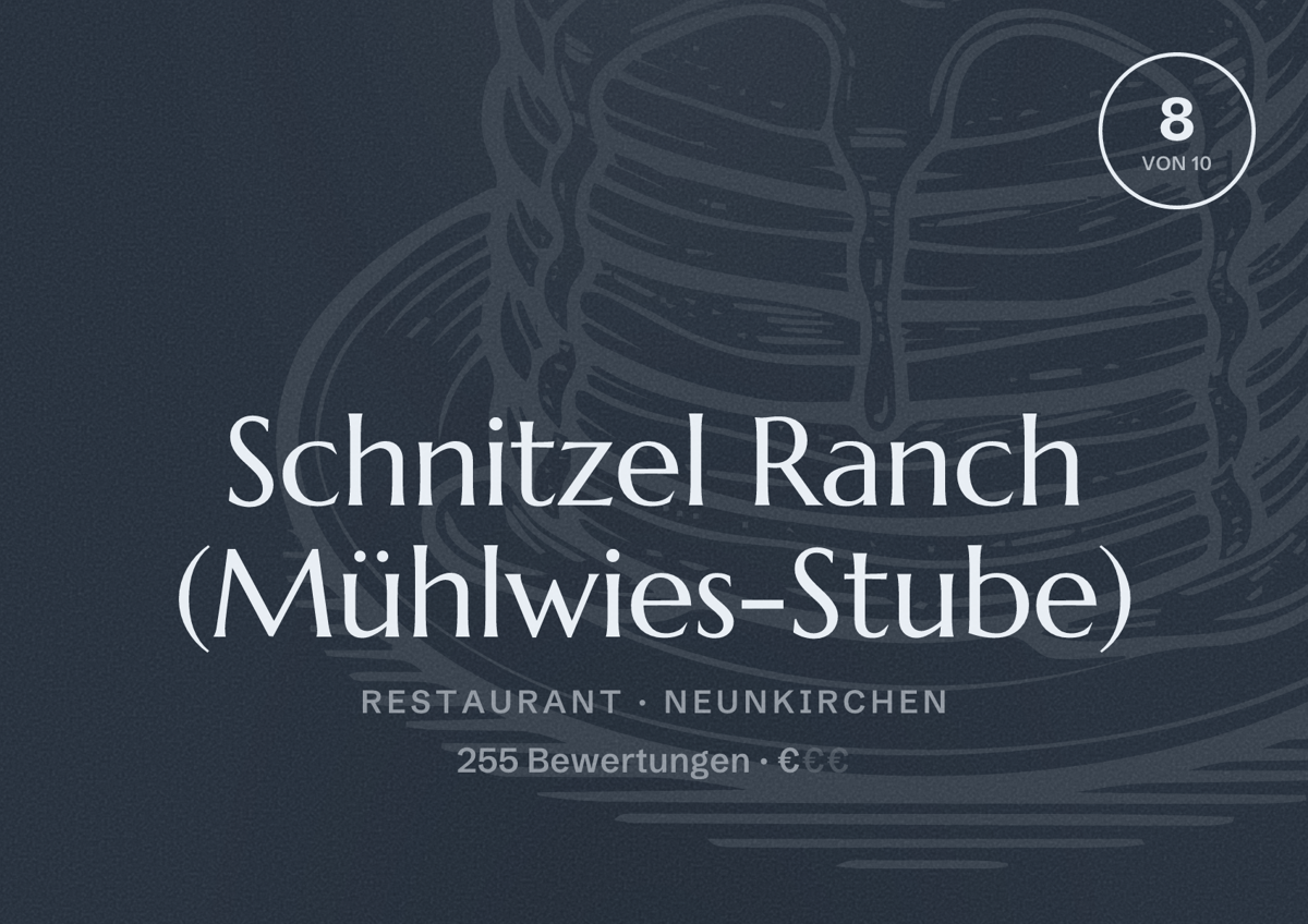 Illustriertes Poster von Schnitzel Ranch (Mühlwies-Stube), Restaurant in Neunkirchen: Bewertung 8 von 10 aus 255 Bewertungen, Preisniveau €