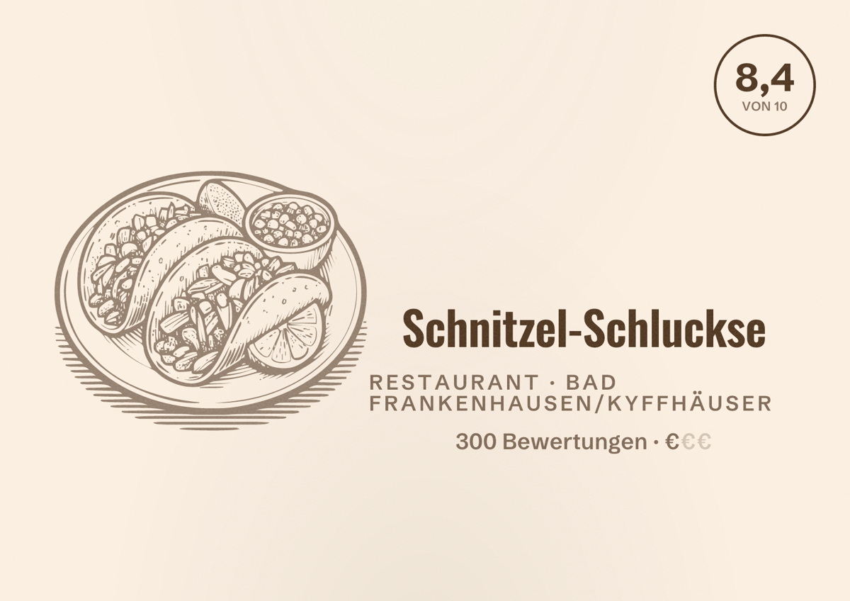 Illustriertes Poster von Schnitzel-Schluckse, Restaurant in Bad Frankenhausen/Kyffhäuser: Bewertung 8,4 von 10 aus 300 Bewertungen, Preisniveau €