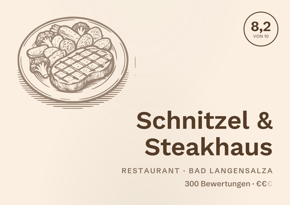 Illustriertes Poster von Schnitzel & Steakhaus, Restaurant in Bad Langensalza: Bewertung 8,2 von 10 aus 300 Bewertungen, Preisniveau €€