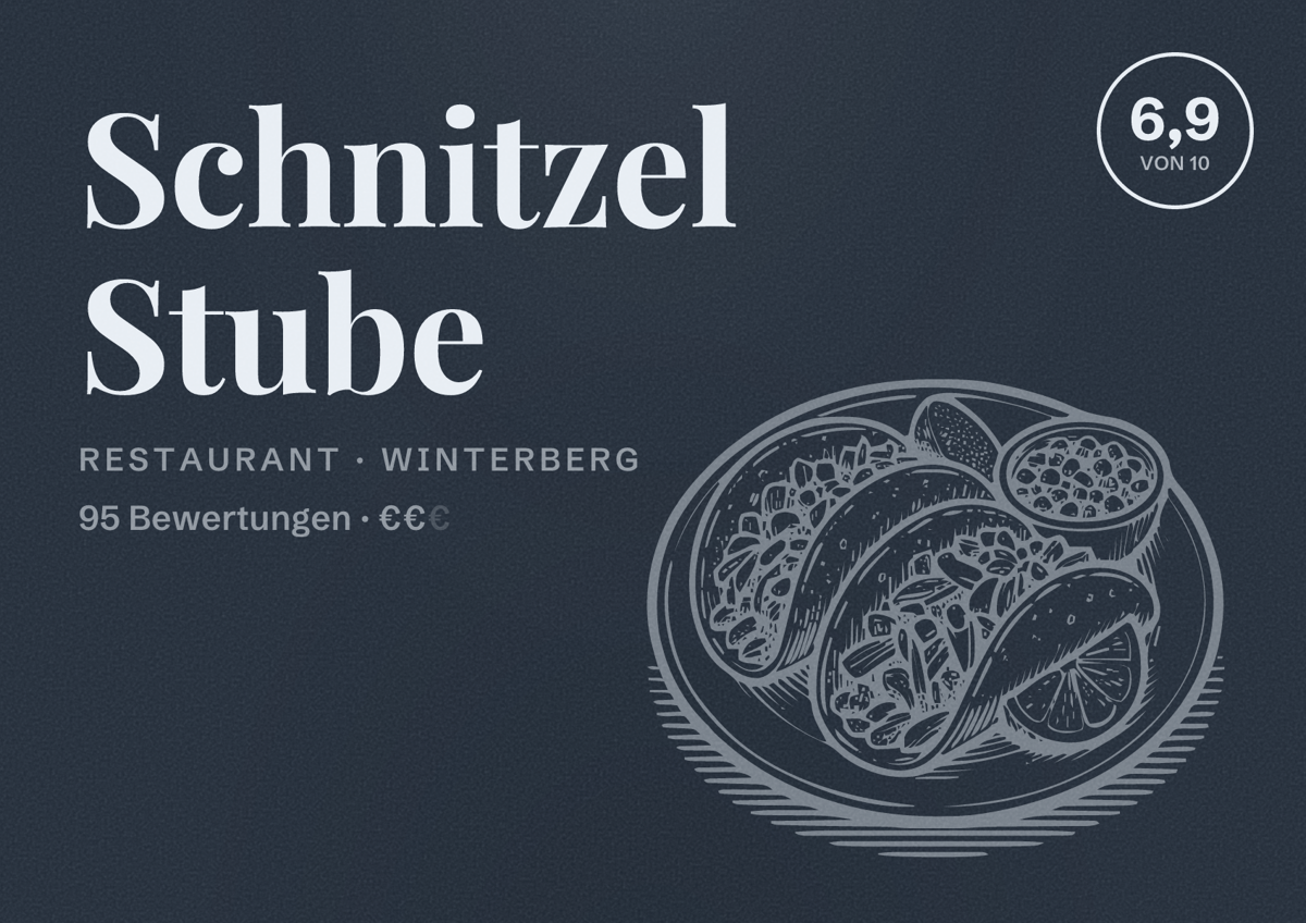 Illustriertes Poster von Schnitzel Stube, Restaurant in Winterberg: Bewertung 6,9 von 10 aus 95 Bewertungen, Preisniveau €€