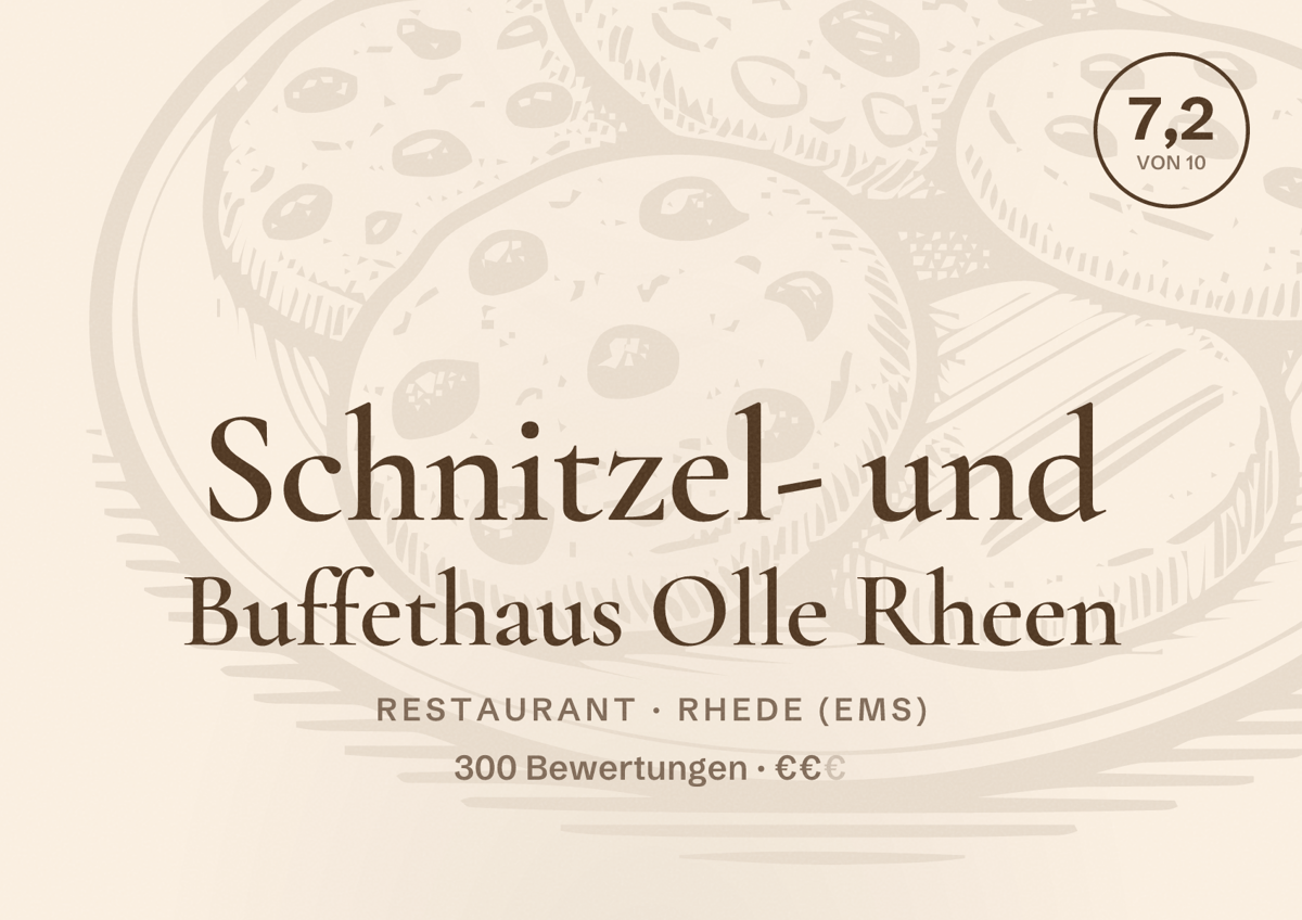 Illustriertes Poster von Schnitzel- und Buffethaus Olle Rheen, Restaurant in Rhede (Ems): Bewertung 7,2 von 10 aus 300 Bewertungen, Preisniveau €€