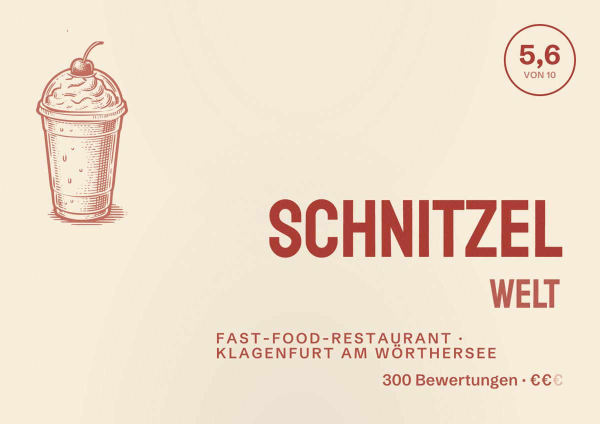 Illustriertes Poster von Schnitzel Welt, Fast-Food-Restaurant in Klagenfurt am Wörthersee: Bewertung 5,6 von 10 aus 300 Bewertungen, Preisniveau €€
