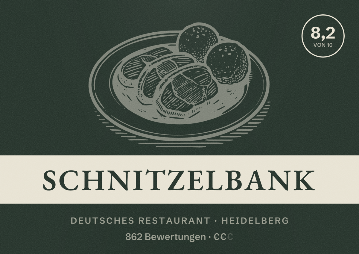 Illustriertes Poster von Schnitzelbank, Deutsches Restaurant in Heidelberg: Bewertung 8,2 von 10 aus 862 Bewertungen, Preisniveau €€