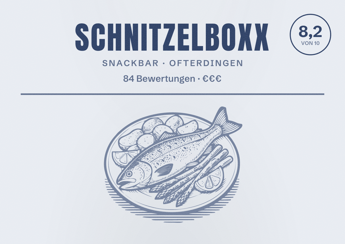 Illustriertes Poster von SchnitzelBoxx, Snackbar in Ofterdingen: Bewertung 8,2 von 10 aus 84 Bewertungen, Preisniveau €€€