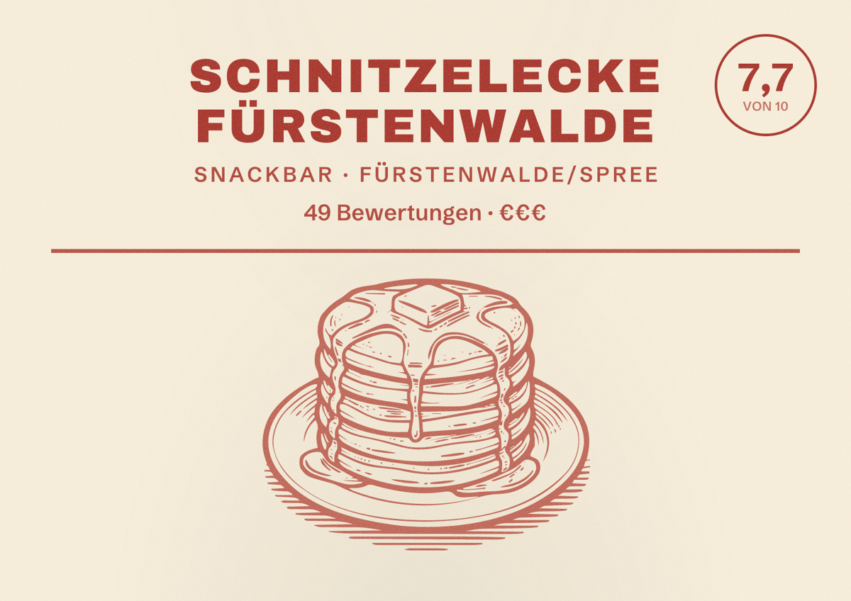 Illustriertes Poster von Schnitzelecke Fürstenwalde, Snackbar in Fürstenwalde/Spree: Bewertung 7,7 von 10 aus 49 Bewertungen, Preisniveau €€€