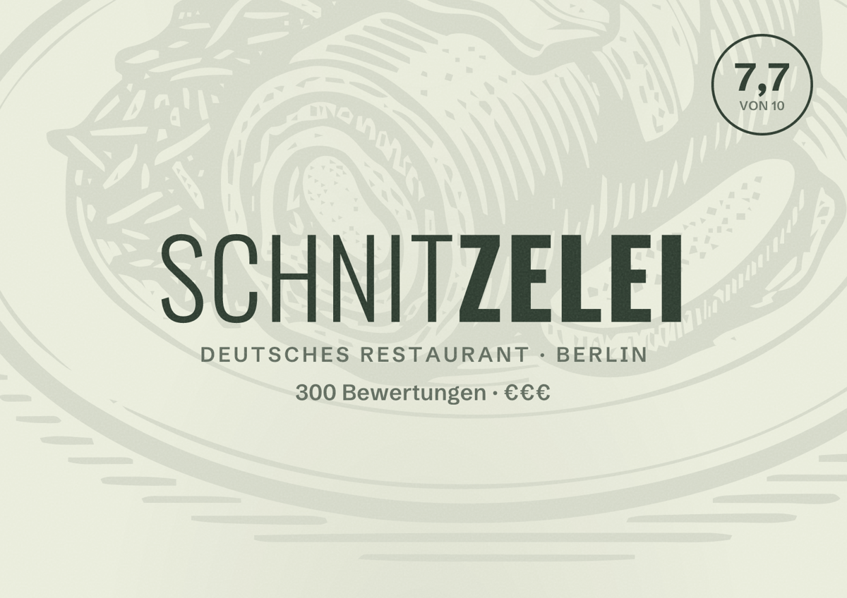 Illustriertes Poster von Schnitzelei, Deutsches Restaurant in Berlin: Bewertung 7,7 von 10 aus 300 Bewertungen, Preisniveau €€€