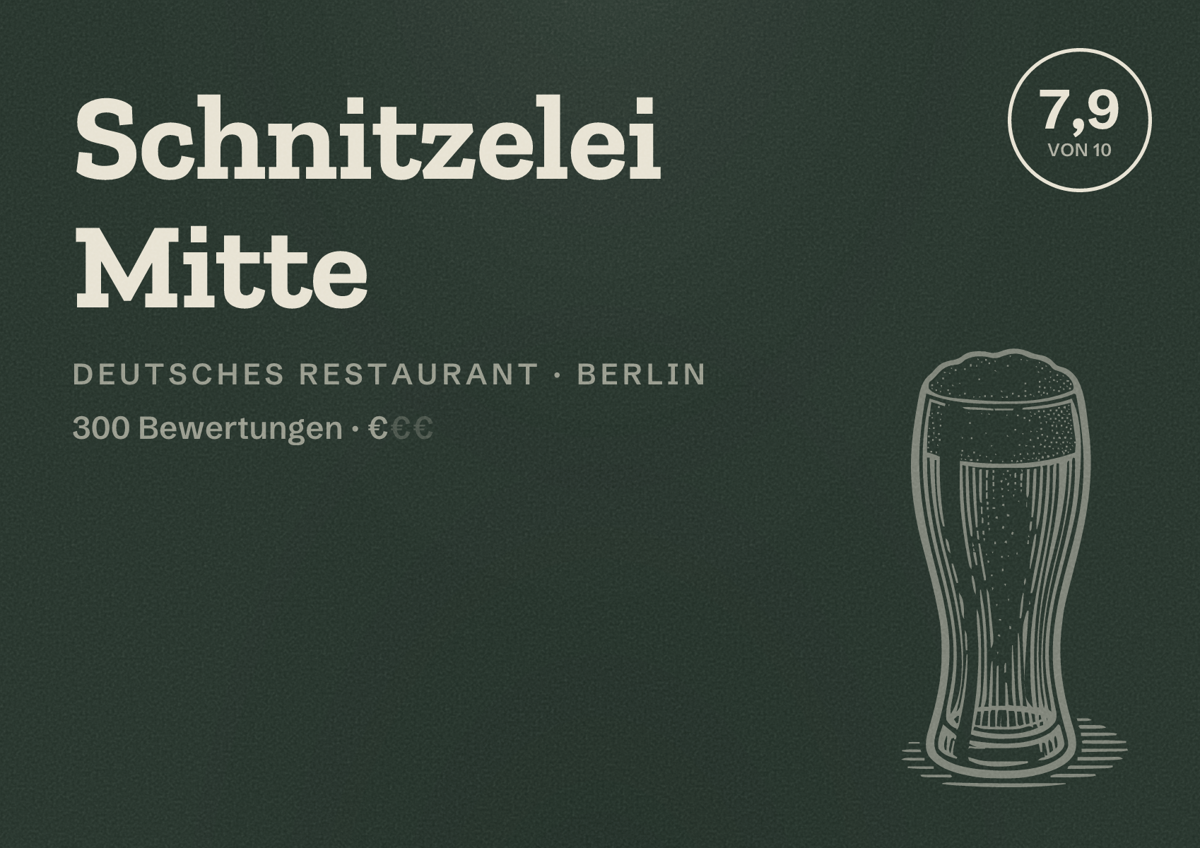 Illustriertes Poster von Schnitzelei Mitte, Deutsches Restaurant in Berlin: Bewertung 7,9 von 10 aus 300 Bewertungen, Preisniveau €