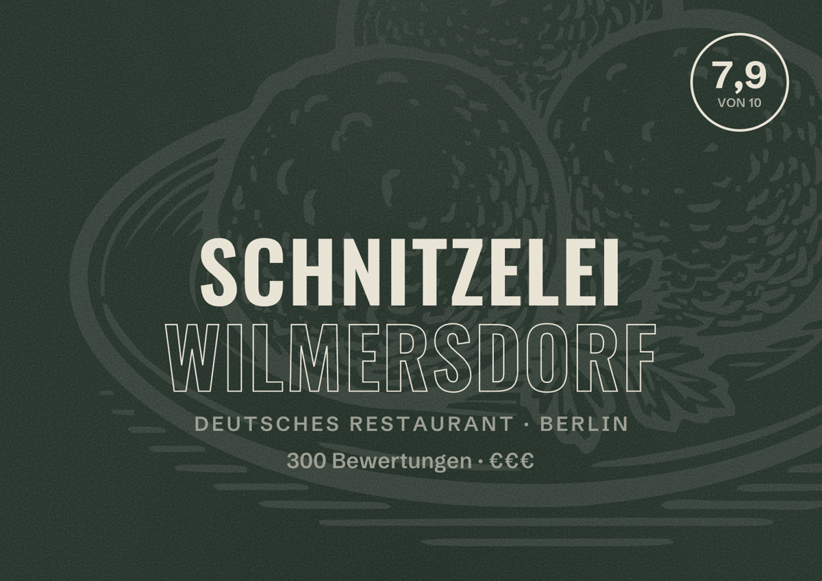 Illustriertes Poster von Schnitzelei Wilmersdorf, Deutsches Restaurant in Berlin: Bewertung 7,9 von 10 aus 300 Bewertungen, Preisniveau €€€
