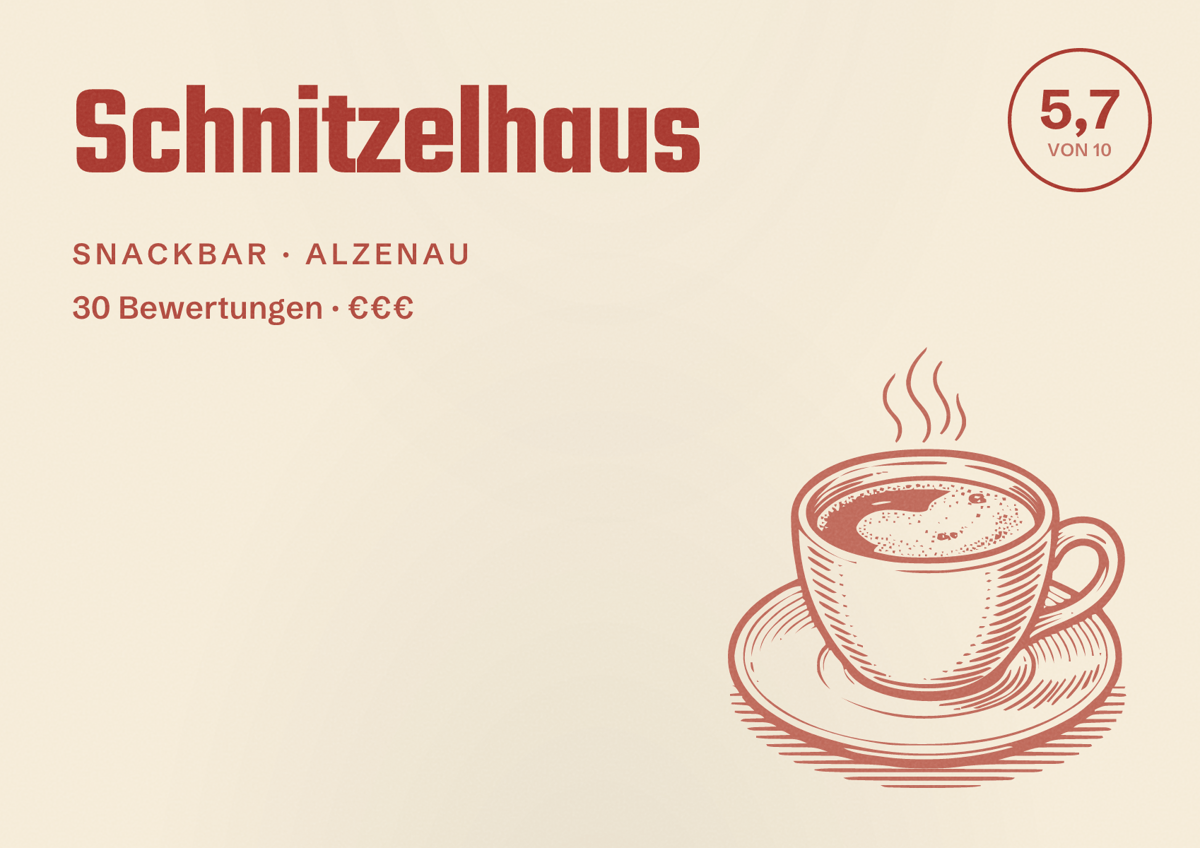 Illustriertes Poster von Schnitzelhaus, Snackbar in Alzenau: Bewertung 5,7 von 10 aus 30 Bewertungen, Preisniveau €€€