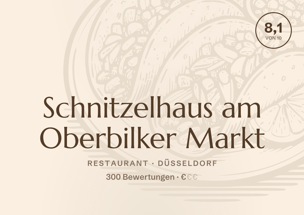Illustriertes Poster von Schnitzelhaus am Oberbilker Markt, Restaurant in Düsseldorf: Bewertung 8,1 von 10 aus 300 Bewertungen, Preisniveau €