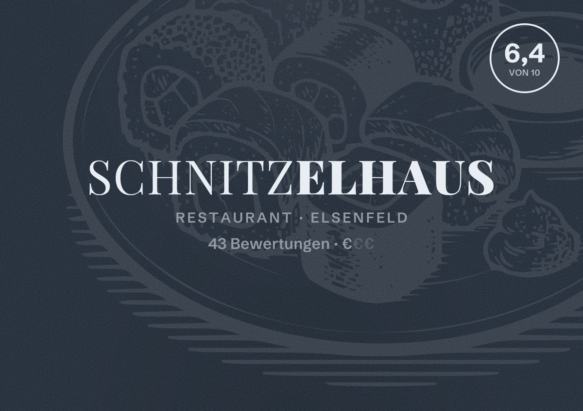 Illustriertes Poster von Schnitzelhaus, Restaurant in Elsenfeld: Bewertung 6,4 von 10 aus 43 Bewertungen, Preisniveau €