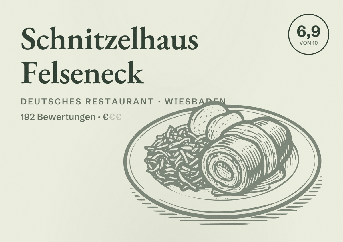 Illustriertes Poster von Schnitzelhaus Felseneck, Deutsches Restaurant in Wiesbaden: Bewertung 6,9 von 10 aus 192 Bewertungen, Preisniveau €