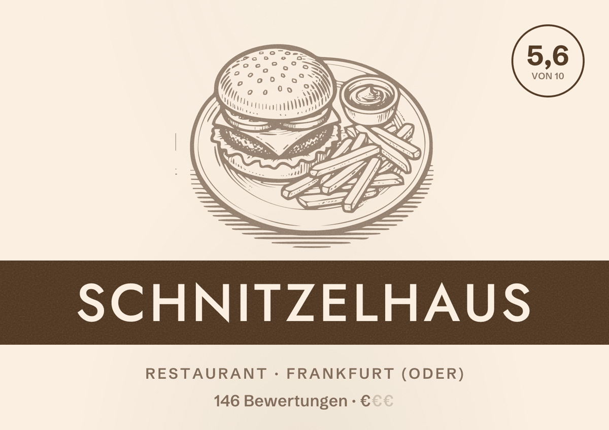 Illustriertes Poster von Schnitzelhaus, Restaurant in Frankfurt (Oder): Bewertung 5,6 von 10 aus 146 Bewertungen, Preisniveau €